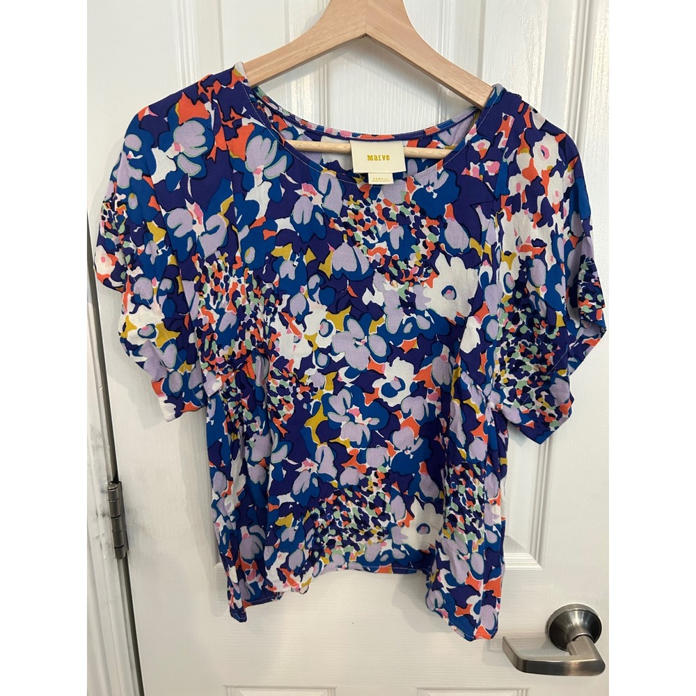 Maeve Anthropologie Floral Print Viscose Blouse Blue Purple XS Short Sleeve Top